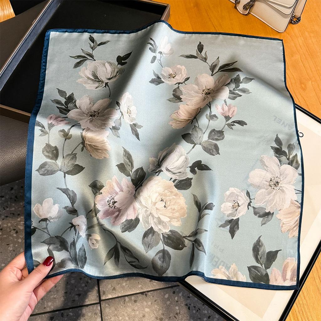 New Women Square 100% Natural Silk Scarf Foulard Bandana Lady Floral Neck Scarves for Hair Neckerchief Spring Bag Ties 53cm