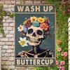 Wash Up Buttercup" Vintage Skull Metal Sign 8x12 In Rustic Wall Art with Floral Design for Home, Bar, Bathroom, or Garden Decor