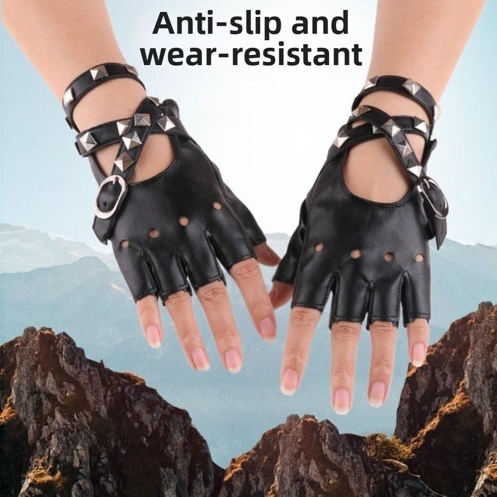 Cool Rivets Belt Wrist Gloves Punk Fingerless Mittens Performance Gloves  Disco Dancing