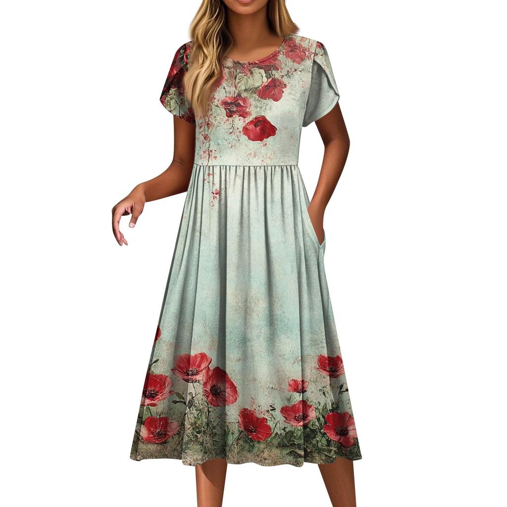 Dámské módní ležérní šaty s volným potiskem s kulatým výstřihem a kapsou s krátkým rukávem