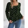Women's Autumn and Winter Casual Square Collar Button-up Color Leopard Print Long-sleeved Sweater