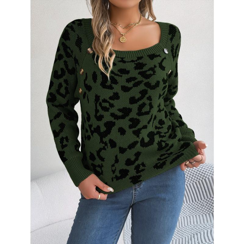 Women's Autumn and Winter Casual Square Collar Button-up Color Leopard Print Long-sleeved Sweater