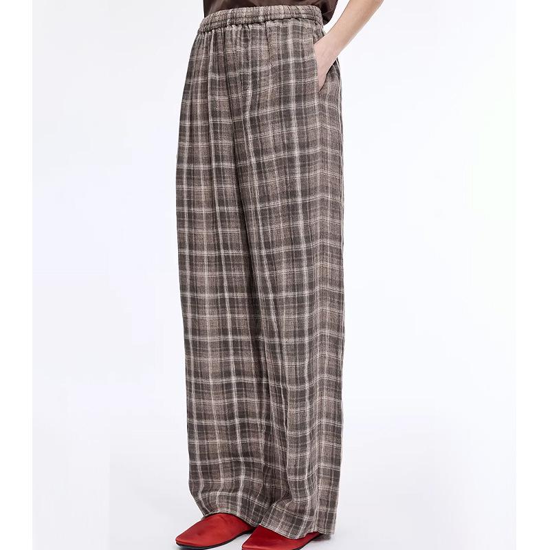 

JiangOrder 2026 Spring Women s Plaid Linen Casual Wide-Leg Pants with Elastic Waist XXL серый
