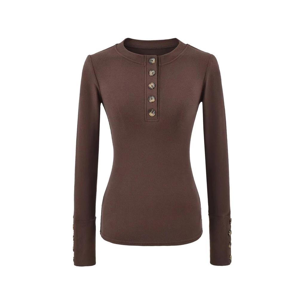 Korean-Style Slim Fit Henry Collar Fleece Long Sleeve T-Shirt for Women - Autumn/Winter Stretchy Base Layer Top