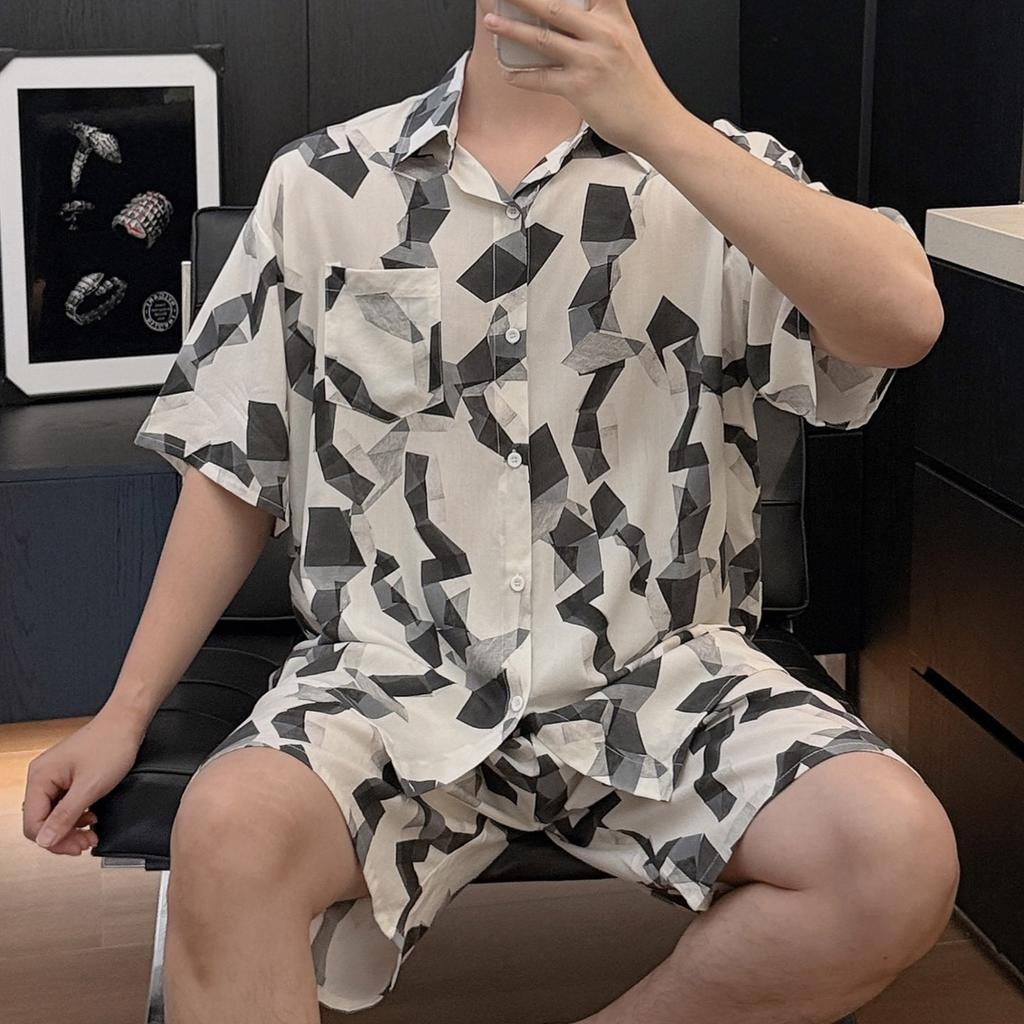 Men's summer thin cotton and silk pajamas set, short-sleeved shorts, printed comfortable home style casual striped loungewear