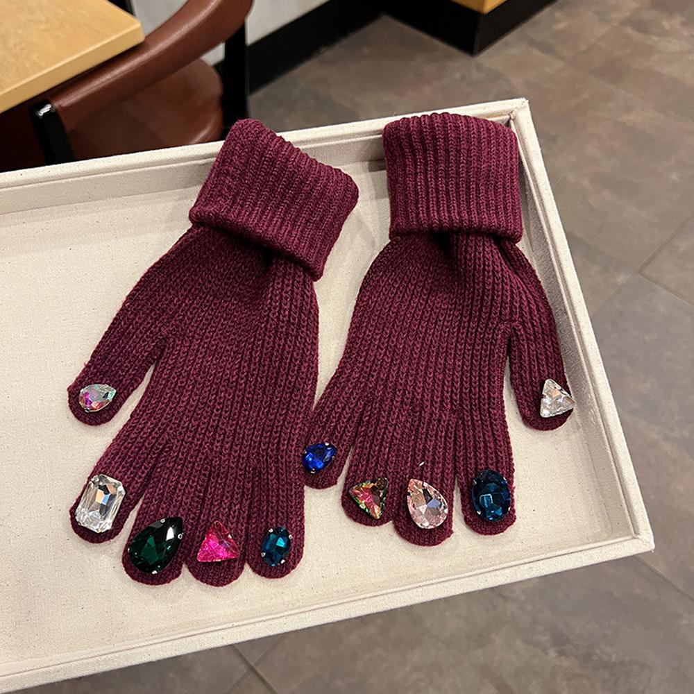 Women Winter Warm Knitted Full Finger Gloves Solid Wool Luxury Rhinestone Touch Screen Mittens Female