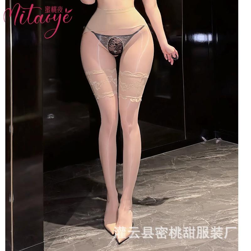 Sex stockings D thin oil-shiny pantyhose sexy fake two-piece lace splicing over knee stockings women