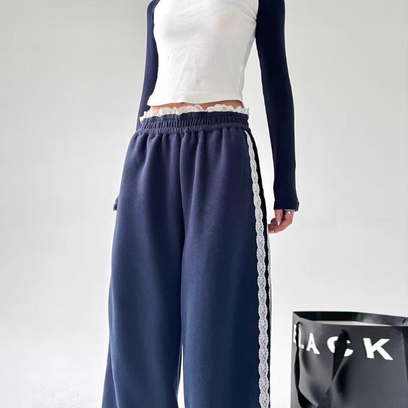 2024 Women's Trendy High Waist Wide-Leg Patchwork Lace Sweatpants