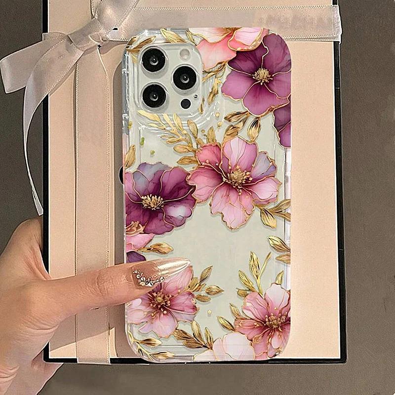 Purple Flower Printing Phone Case for Samsung S24 S23 S22 Ultra Plus S21 FE A14 A34 A15 A35 A52 A53 A54 A55 5G Soft Tpu Cover