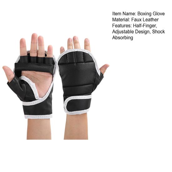 1 Pair Half-Finger Boxing Gloves Breathable Adjustable Fighting Punching Shock Absorbing Hand Wrist Protection Faux Leather Sparring Kickboxing Gloves