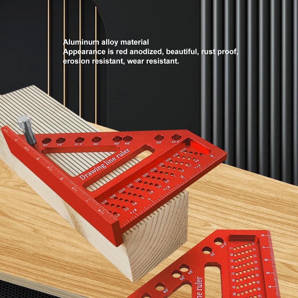 Convenient Aluminum Alloy Drawing Line Ruler 0 to 90 Degree Red 3D Multi Angle Measuring Ruler Miter Triangle Tool Woodworking