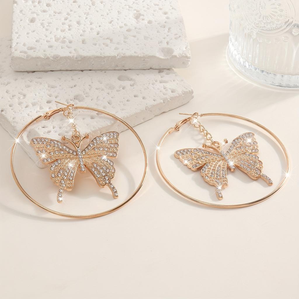 1 Pair of Vintage Luxury Alloy Butterfly Pendant Earrings for Women - Exaggerated Round Drop Design, Perfect for Daily Wear & Parties, Ideal Gift, Par