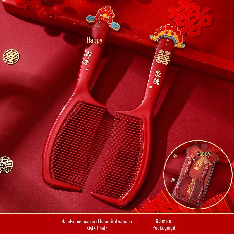 Bordowy Drewniany Zestaw Grzebieni Ślubnych z Lusterkiem - Pudełko na Prezent Weselny Panny Młodej