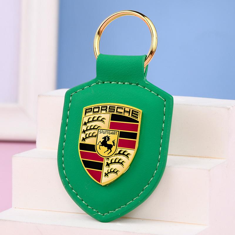 Car Leather Keychain Holder Shield Key Ring Chain Pendant Gifts For Porsche Macan 911 718 Taycan Panamera Cayenne Boxster Cayman