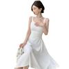 Gentle wind square neck suspender solid color dress summer women's French slim high waist temperament over the knee medium and long skirt