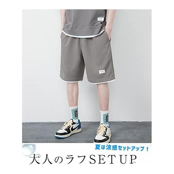 [Atkata] Men's T-shirt, Short Sleeve, Summer Clothes, Top and Bottom Set, Jersey, Men's Top and Bottom, Half Pants Setup, Men's, Loose, Faux Layered