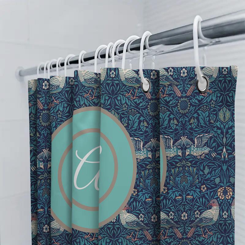 Vintage Blue Floral Shower Curtain With Monogram For Bathroom Decor Printed Fabric, Waterproof Bath Mat Set In Various Sizes