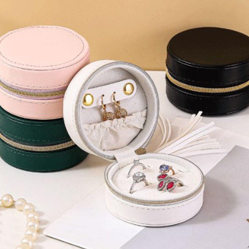 Solid Colored Jewelry Storage Box Round Necklace Ring Case Simple Earring Organizer  Girls