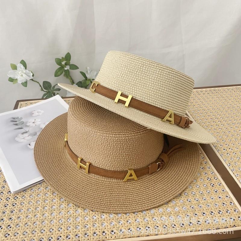 French retro flat top straw hat letter belt summer women's fashion British Hepburn vacation beach sun hat men