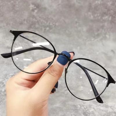 Plain Style Round Frame Glasses Frame Metal Full Frame Eyebrow Frame Simple Color-Changing Glasses Anti-Blue Light Glasses Women