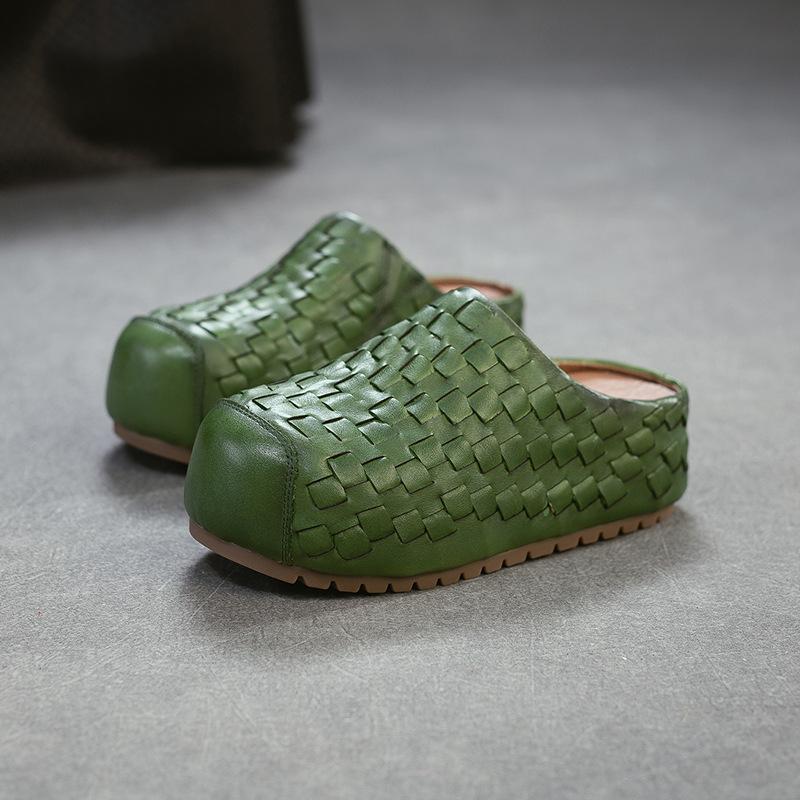 Johnature Handmade Woven Round Toe Outdoor Platform Slippers Genuine Leather Versatile Women's Shoes