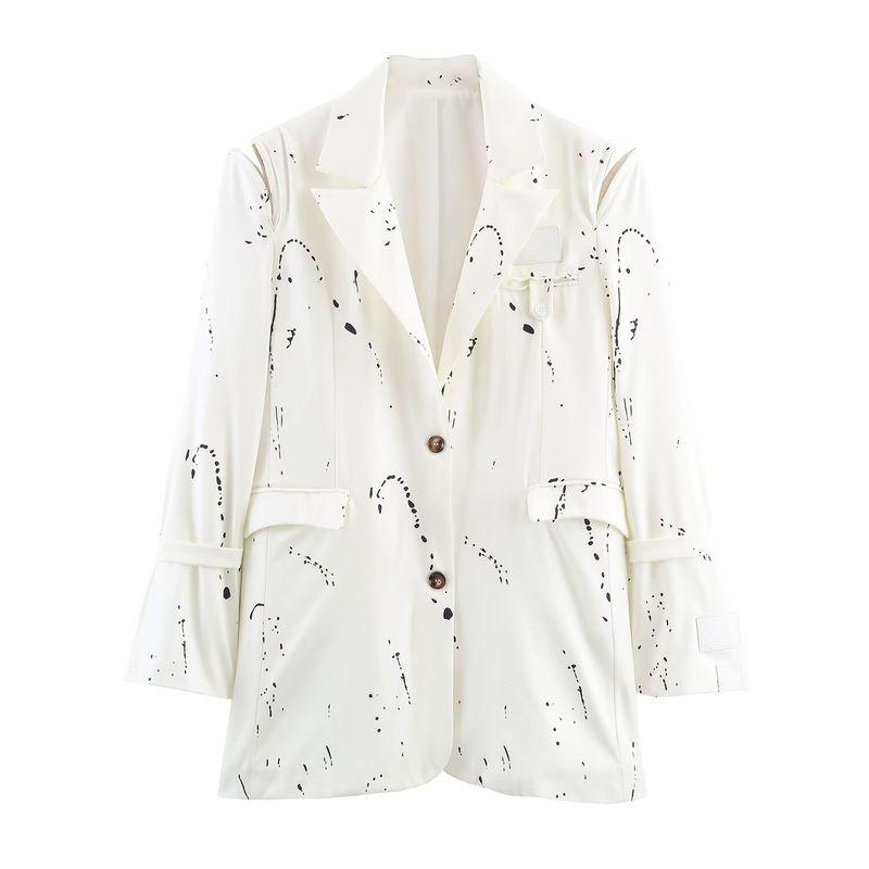 

Za Autumn New Women clothes 2025 Western Style French style Design Sense Fashion Splash Ink Print off-the-Shoulder Blazers White L