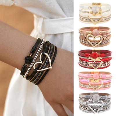 Lady Bracelet Multi-layered Rhinestone Faux Leather Bohemian Style Braided Heart Lightweight Wrist Jewelry Lady Bangle Rope Wristband