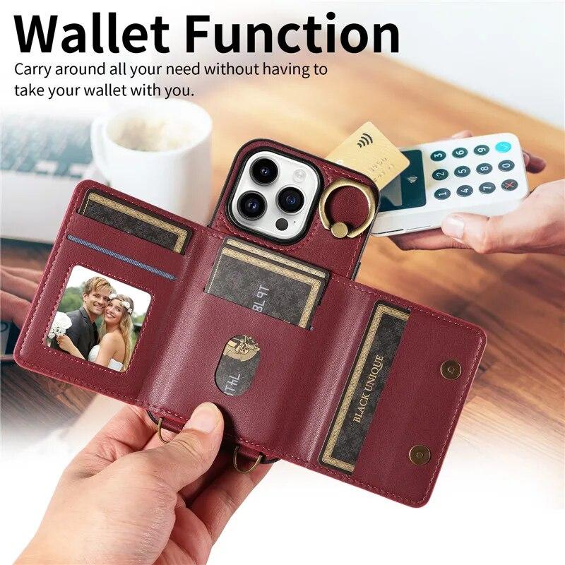 Ring Lanyard Leder Brieftasche Fall für iPhone 15 Pro Max 14 Plus 13 Pro 12 Samsung Galaxy S24 Ultra S23 S22 21 FE A25 A15 A54 A34 A14 Flip Telefon Abdeckung
