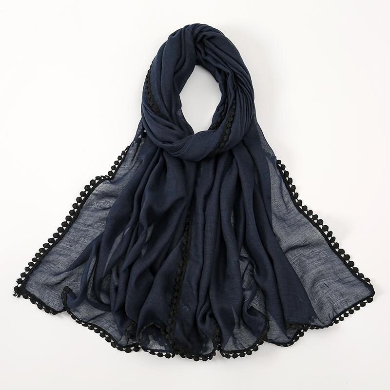 Winter Plain Solid Lace Chain Pom Pom Viscose Shawls Scarf Lady High Quality Wrap Pashmina Stole Bufandas Muslim Hijab 180*90Cm