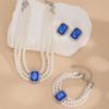 Salircon Fashion Elegant Blue Zircon Imitation Pearl Necklace Bracelets Earings Set for Women Temperament Wedding Bride Jewelry