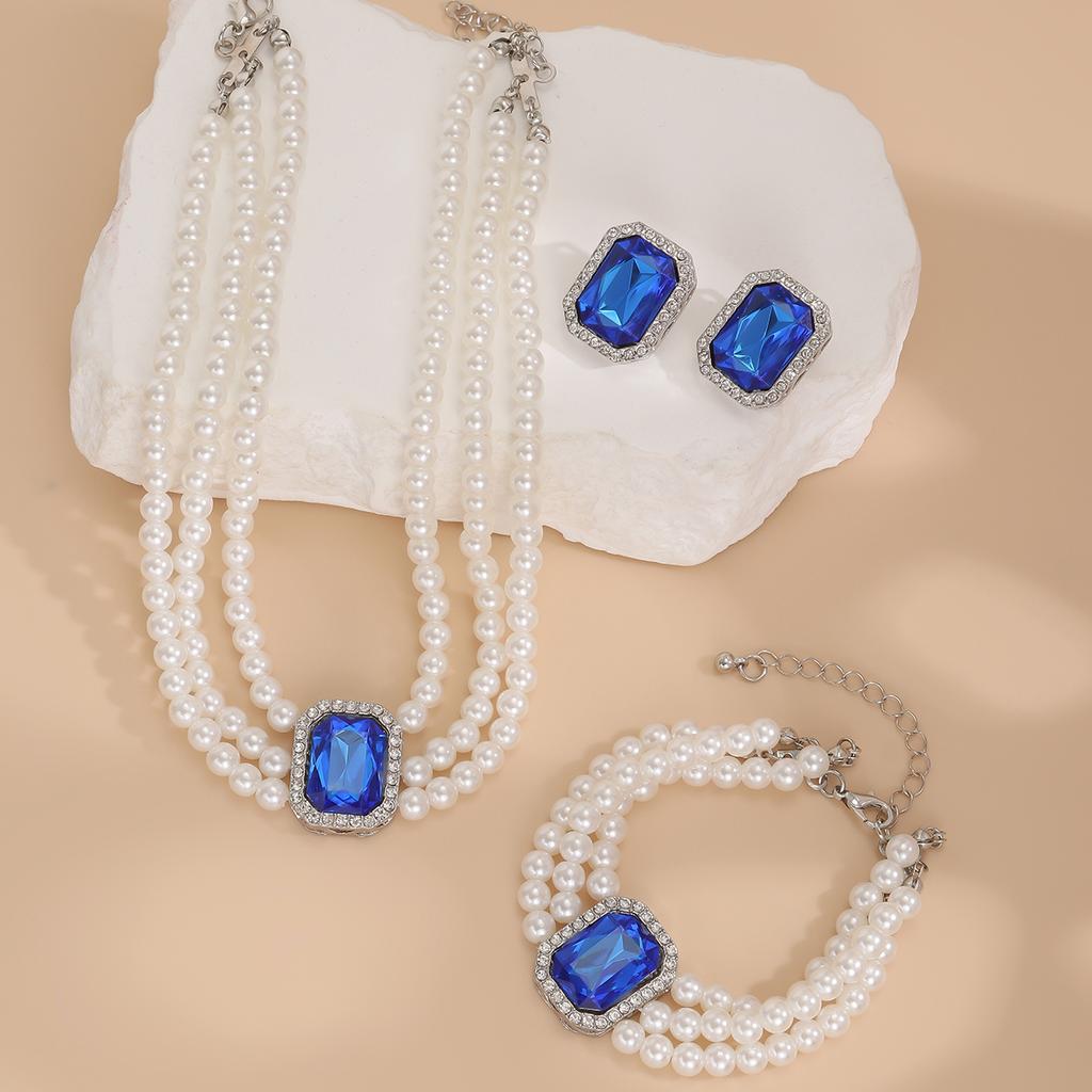 Salircon Fashion Elegant Blue Zircon Imitation Pearl Necklace Bracelets Earings Set for Women Temperament Wedding Bride Jewelry