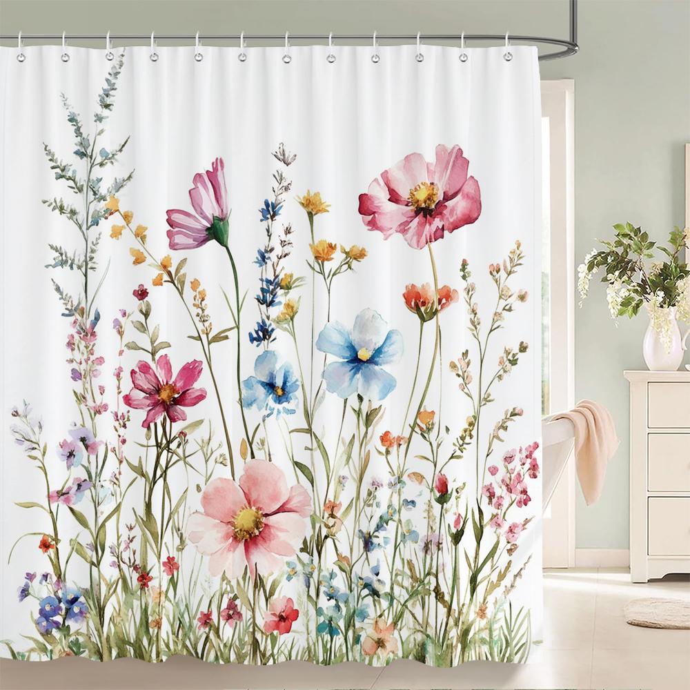 Watercolor Flowers, Leaves And Butterflies Shower Curtain Floral Printed Bathroom Bath Curtain Home Decor Curtain With Hooks