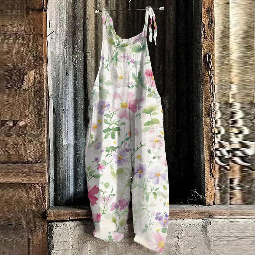 Women's Jumpsuit  Print Casual Loose Vintage Shoulder Strap Cotton Linen