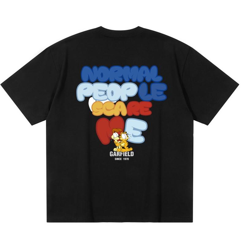Футболка с коротким рукавом Garfield  Нормальные люди пугают меня  Печать спереди и сзади, Американский стритвир, Тяжелый хлопок, Свободный крой, Оверсайз, Топ для пары S