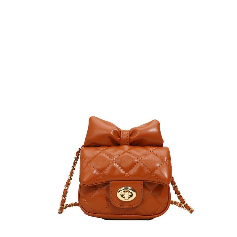 

Stylish Fashionable Diamond Pattern Kids Shoulder Bag With Cute Bow For Boys And Girls YellowBrown