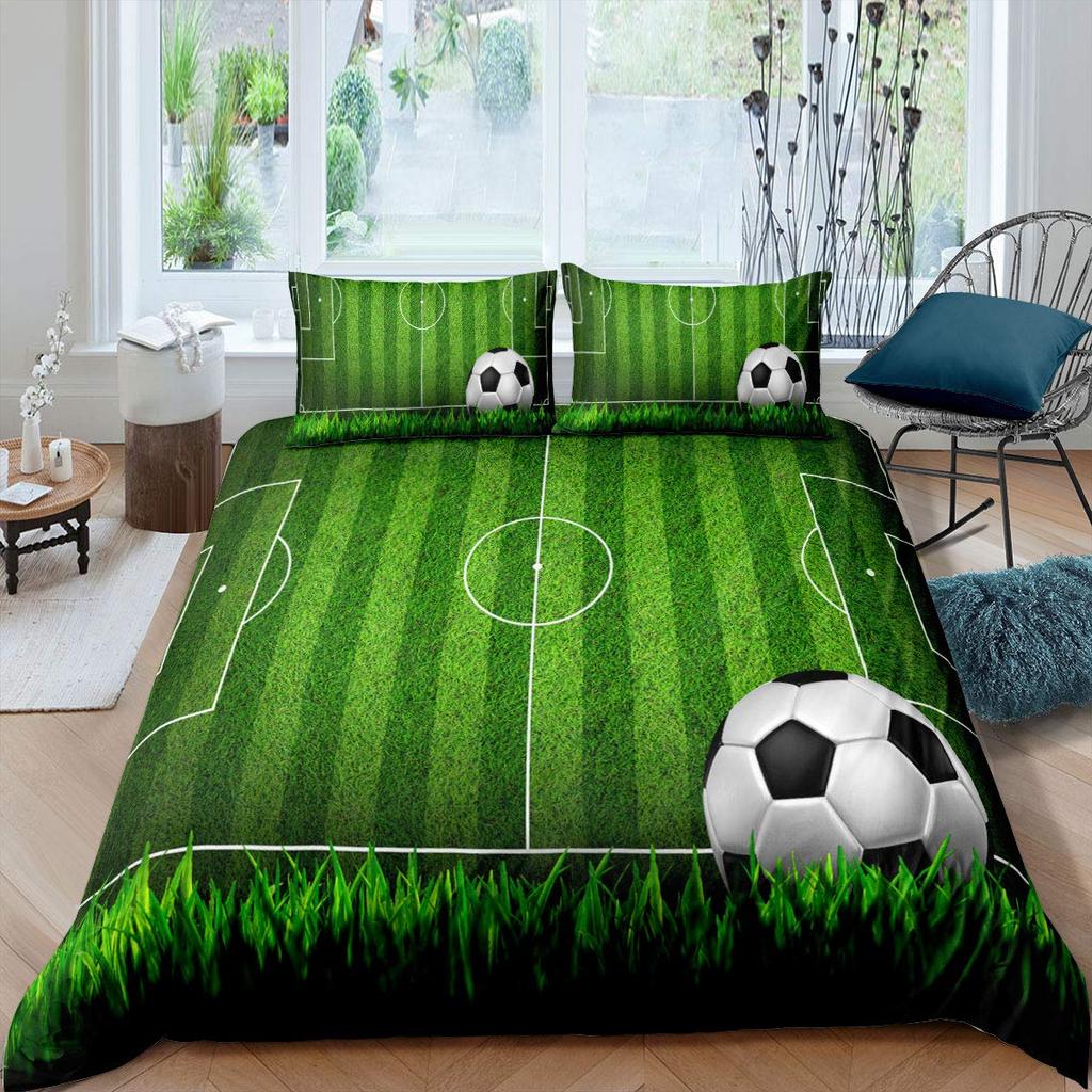 Green Football Field King Queen Duvet Cover Soccer Field Comforter Cover Boys Men Sport Games Bedding Set Polyester Quilt Cover
