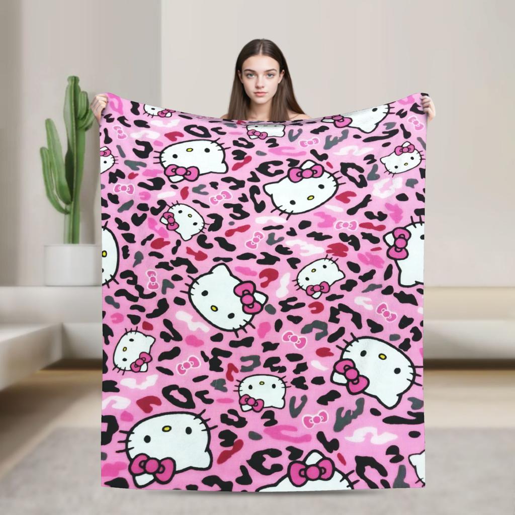 Leopard Hello Kitty Cartoon Blankets Coral Fleece Plush  Winter  Portable Lightweight Throw Blankets for Bed Outdoor Quilt