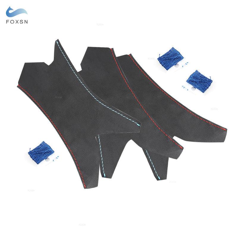 For BMW 3 Series E90 E91 2005-2012 3pcs LHD/RHD Car Interior Hand Sewing Door Handle Pull Leather Cover Black with Red Blue