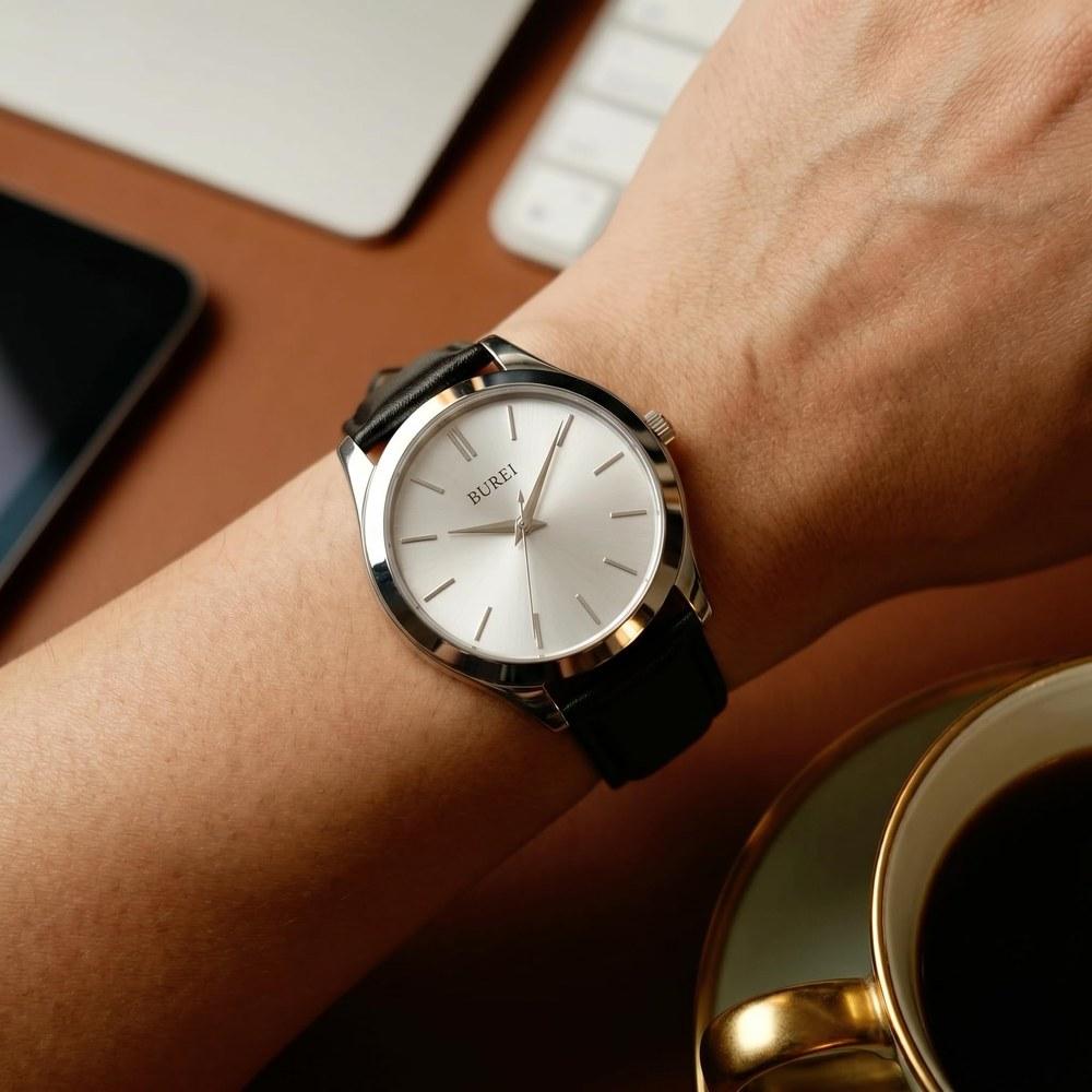 BUREI Men's Analog Quartz Watch Waterproof Slim Business Casual Black Leather Belt