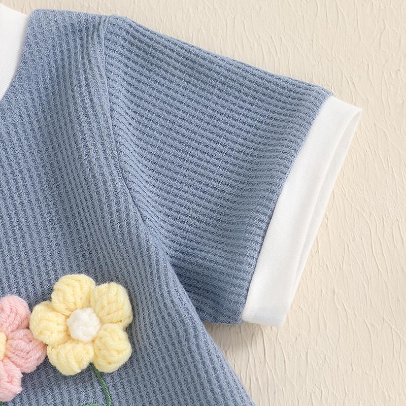 Toddler Girl Summer Waffled Clothes 3D Flower Short Sleeve Round Neck Tops Elastic Waist Shorts Children Outfit