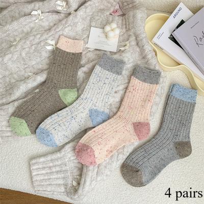 4 Pairs Color Matching Thick Thread Dot Yarn Women's Socks Thick Warm Plush Mid-Tube Pile Socks Chunky Autumn and Winter Socks