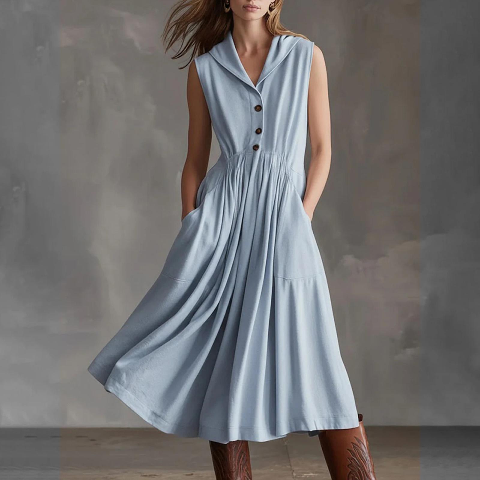 Ladies  Casual Big Collar  Slimming Sleeveless Dress L