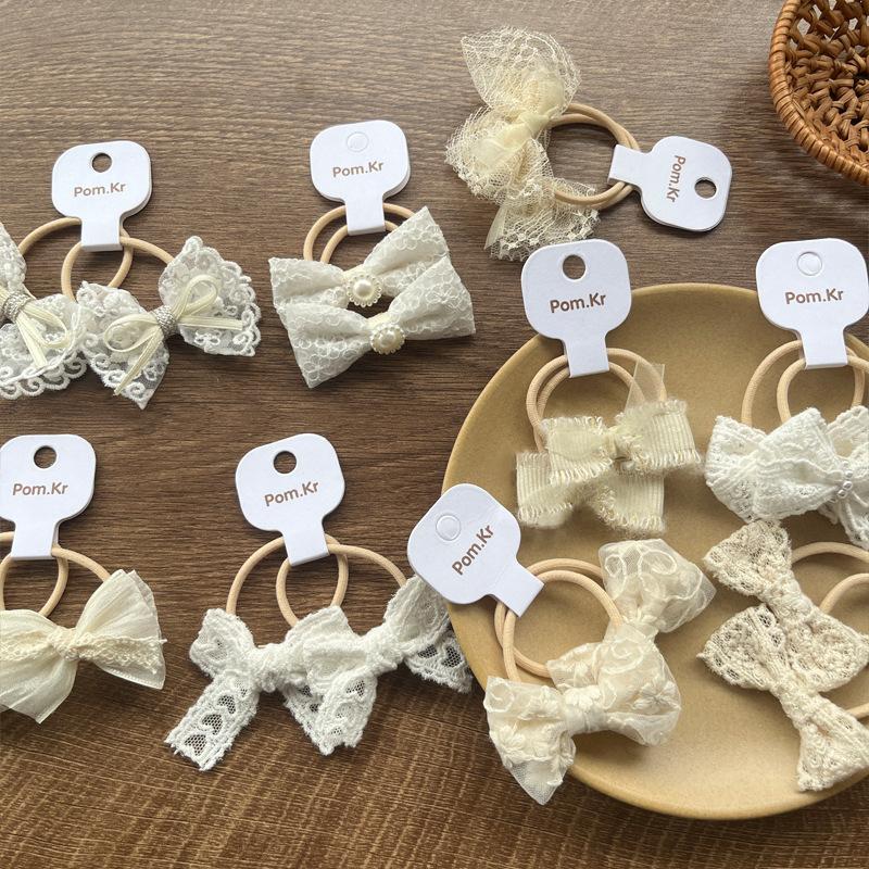 2pcs/set Beige Color Cute Lace Bow Hair Ties for Girls Fashionable Stretch Versatile Kids Ponytail Holders with Floral Lace Trim