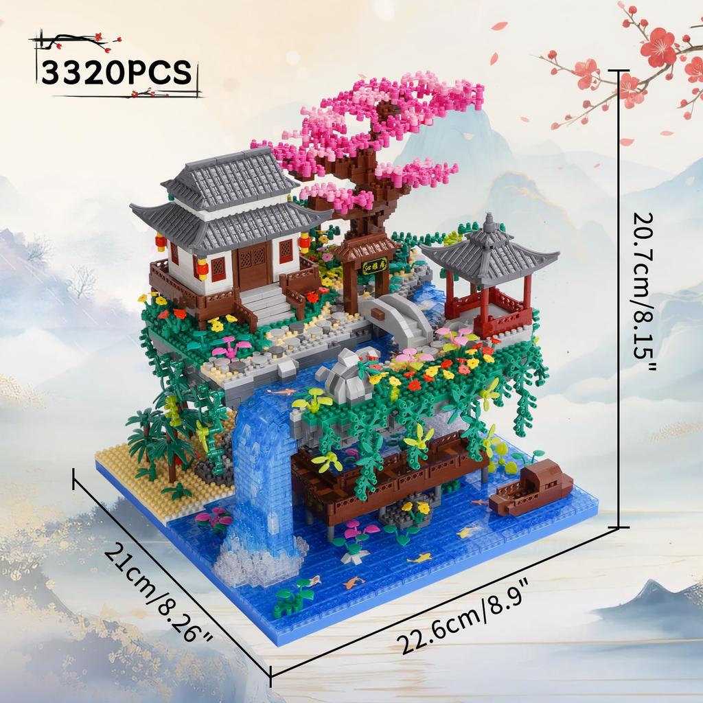 LULUFUN Micro Blocks Peach Blossom Waterfall Toy 3D Puzzle Garden Miniature Landscape Cherry Blossoms Adult Celebration New Year Gift Birthday