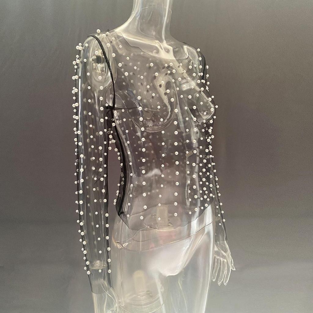 2023 Heiß verkaufendes Damen transparentes Netz-Langarmtop mit Perlenblasen für Frühling/Sommer
