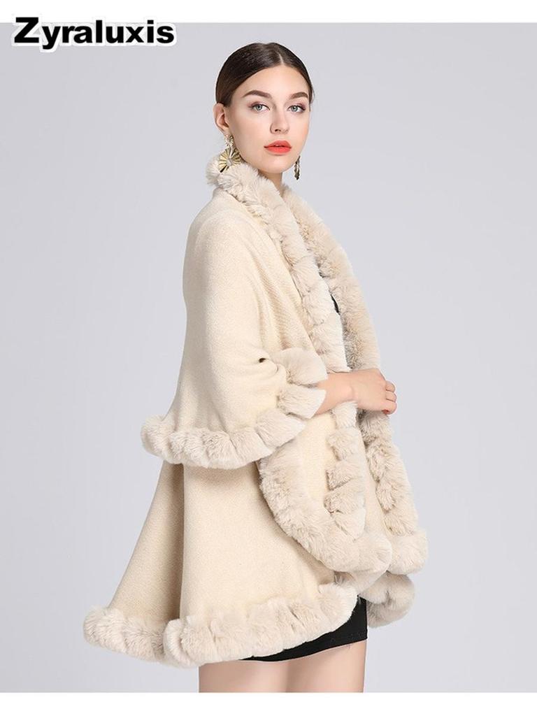 Women's Oversized Knit Poncho with Rabbit Fur Collar with Sherpa Lining for Fall Winter