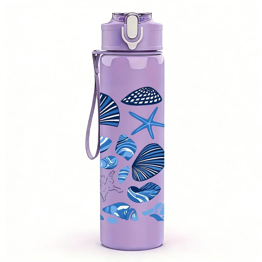 1PC Blue Seashell Starfish Pattern 750ml Color Plastic Sports Water Bottle Leakproof Flip Straw Lid Suitable for Sports Office Home Use