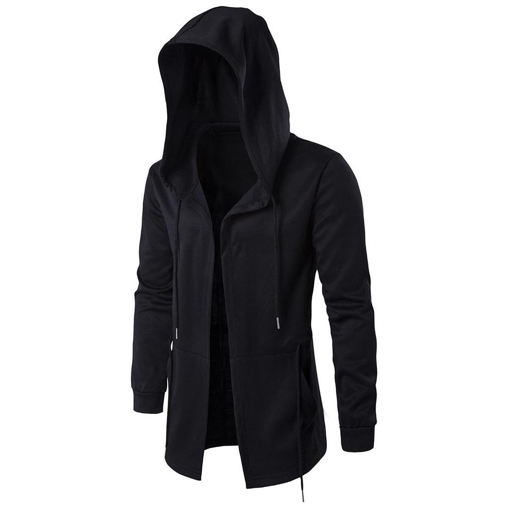 Men's Mid-Length Fleece-Lined Hooded Trench Coat - Dark Style Wizard Cape