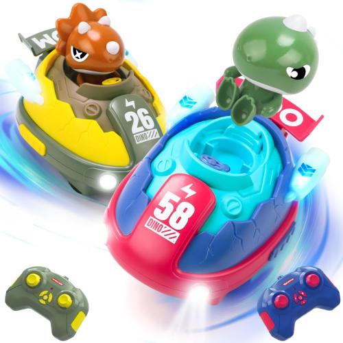KaeKid Dinosaur Toy Cars, Remote Control Cars for Kids, Popular Set of 2, Electric RC Bumper Cars for Ages 3 and Up, Moving Toy with LED Lights, Music