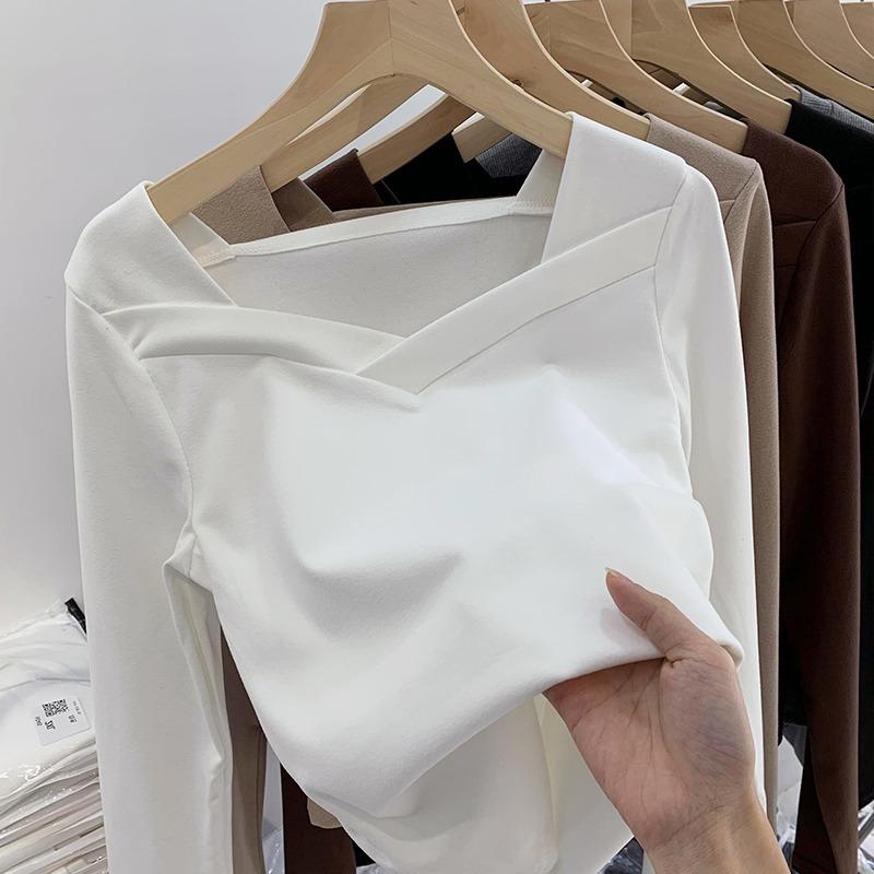 Four Colors Spring Summer Basic Sense of Design Long Sleeve T-Shirts Square Collar Slim Pure Cotton Women's Clothing Simplicity